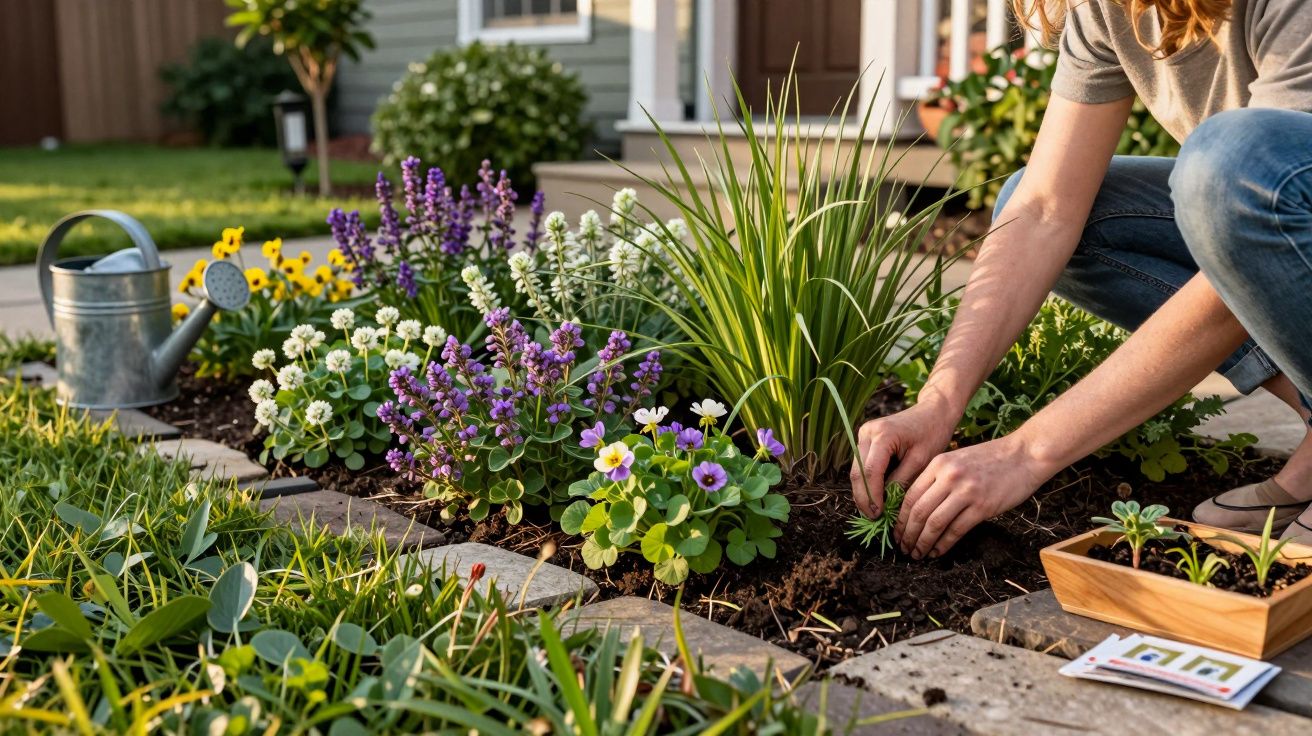 Pessoa a plantar flores num canteiro com regador e várias flores coloridas ao redor.