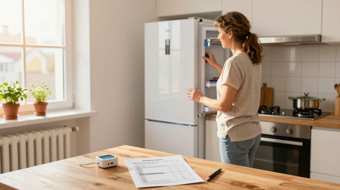 Mulher abre frigorífico na cozinha moderna com plantas na janela e mesa com documento e caneta.