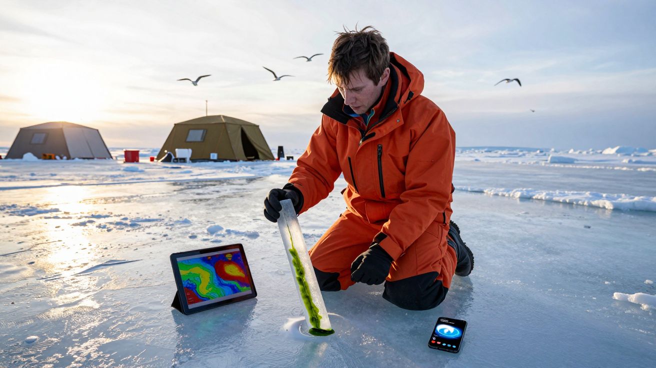Cientista com fato laranja recolhe amostra verde em tubo num campo de gelo com tendas, tablet e telemóvel ao lado.