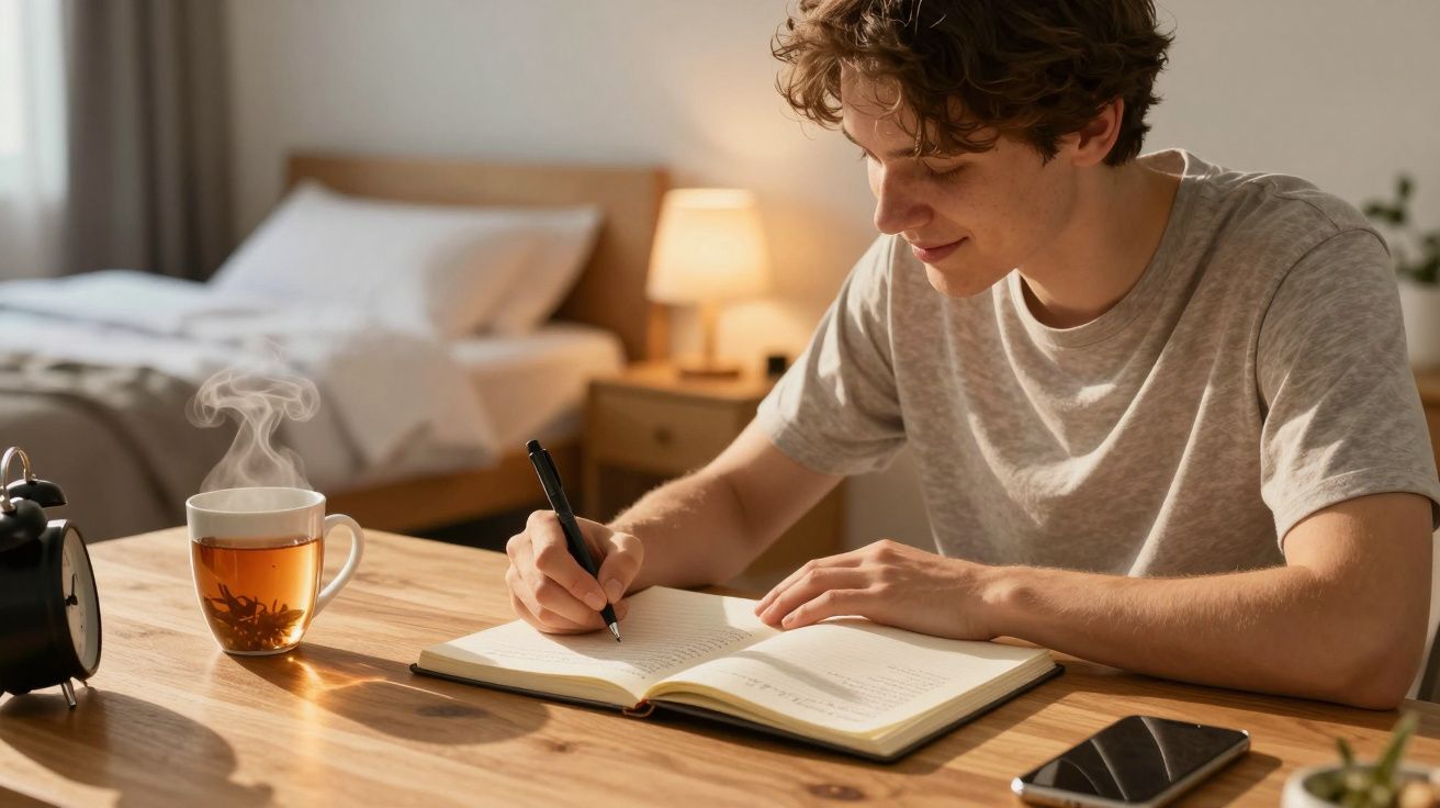 Jovem sentado a escrever num caderno numa mesa de madeira com chá quente e telemóvel.
