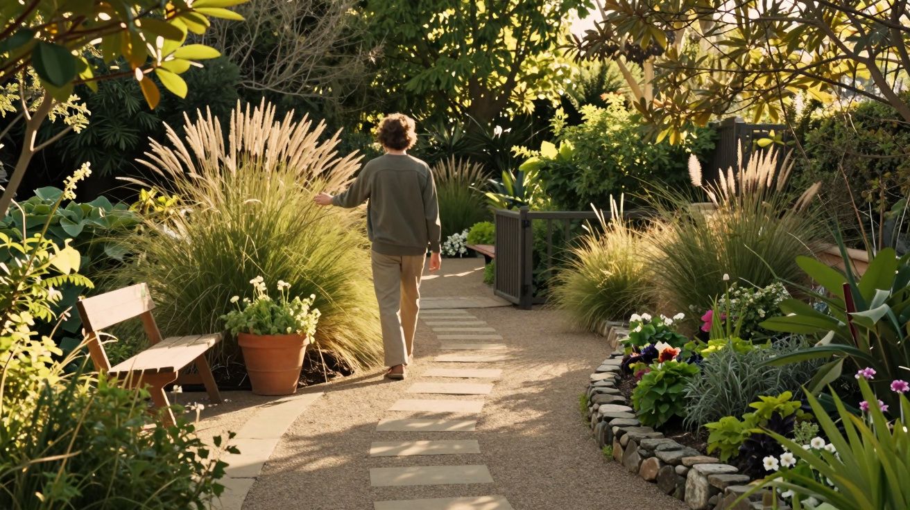 Pessoa a passear num jardim iluminado pelo sol com plantas e flores ao redor do caminho de pedras.
