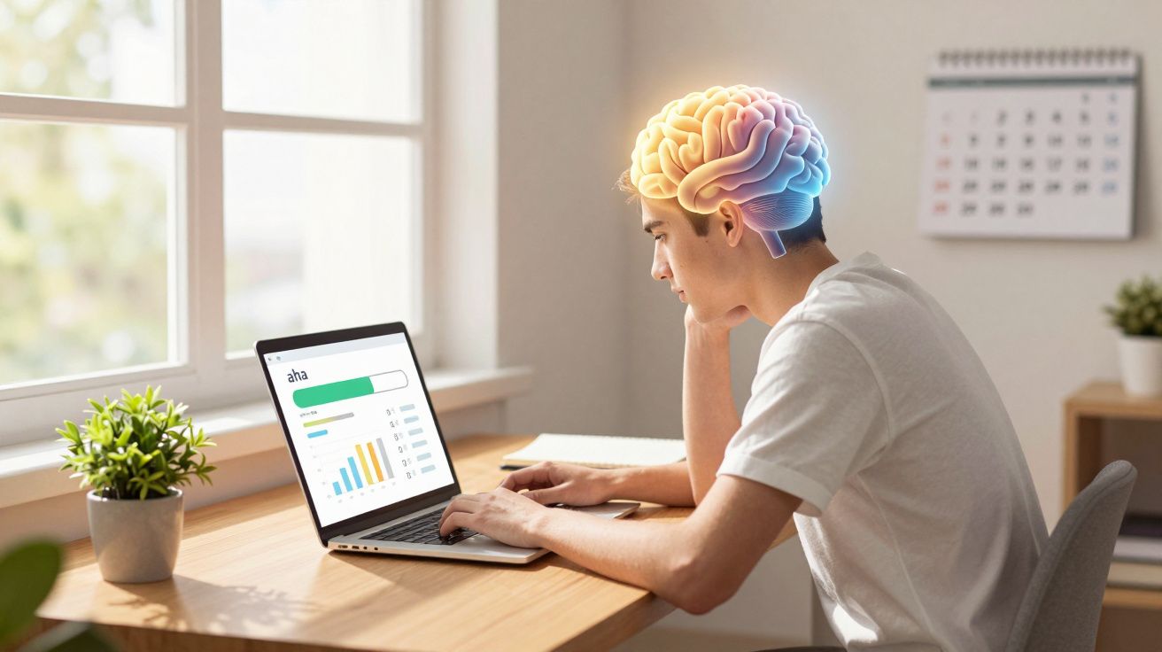 Homem jovem a trabalhar no computador com ilustração do cérebro sobre a cabeça, numa sala iluminada.