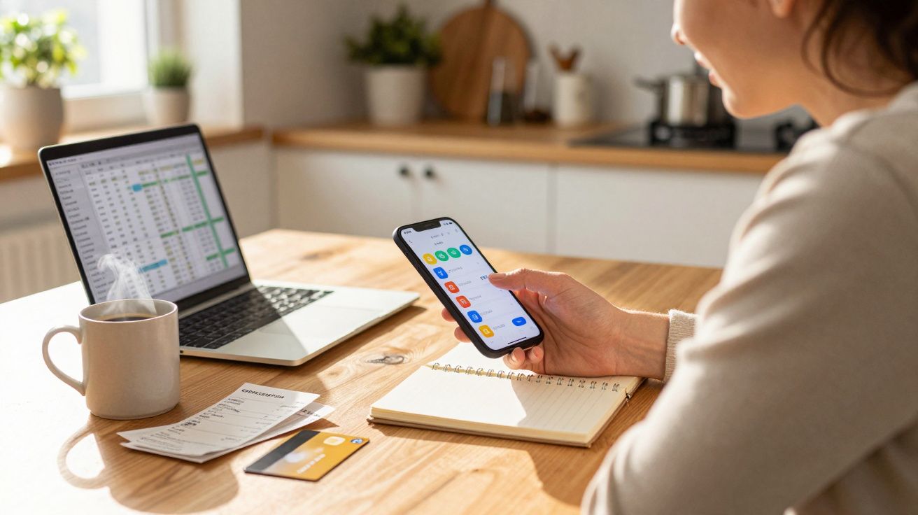 Pessoa sentada numa mesa com computador portátil, smartphone, caderno, cartão de crédito e chá quente.