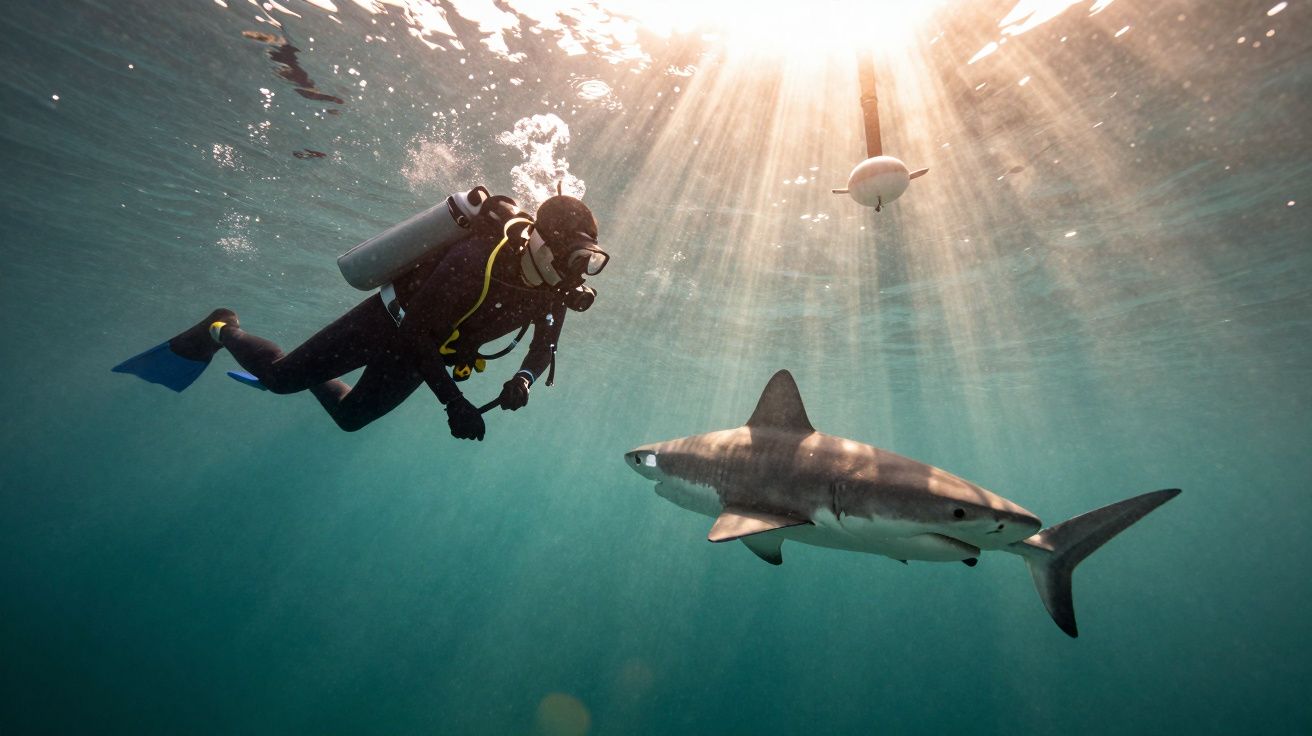 Mergulhador aproxima-se de tubarão sob luz solar que atravessa a superfície do mar azul.