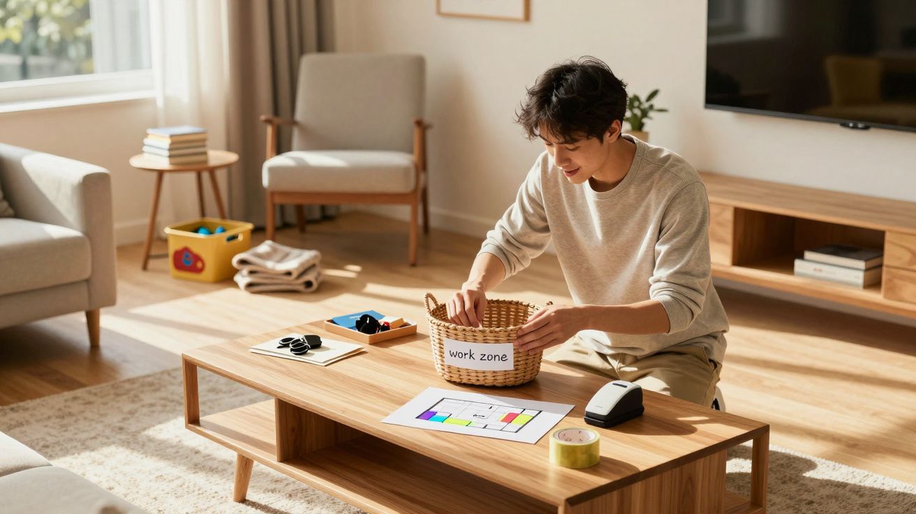 Pessoa sentada no chão arruma objetos numa cesta rotulada como "work zone" numa sala iluminada.