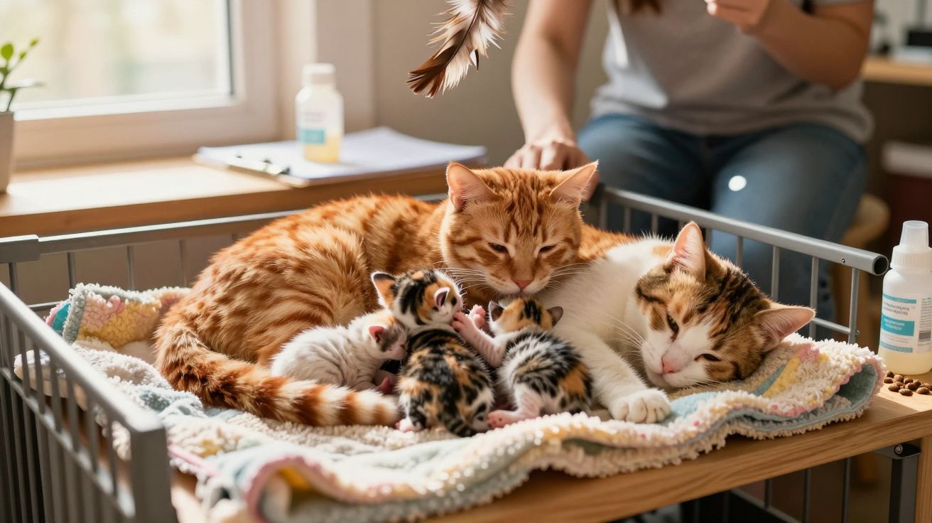 Gatos e gatinhos a descansar numa manta numa cama, com uma pessoa a brincar com uma pena ao fundo.