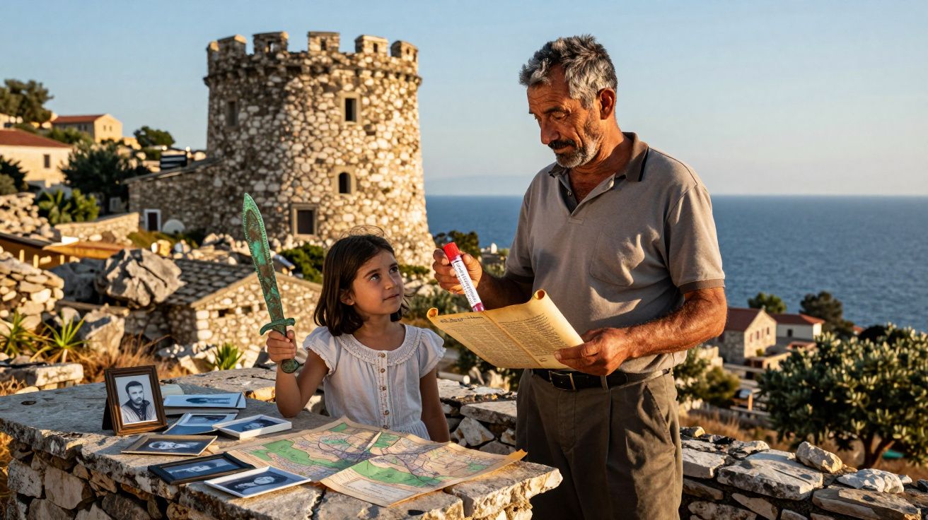 Homem e menina junto a mapas e fotos em pedra com torre medieval e mar ao fundo num cenário ensolarado.