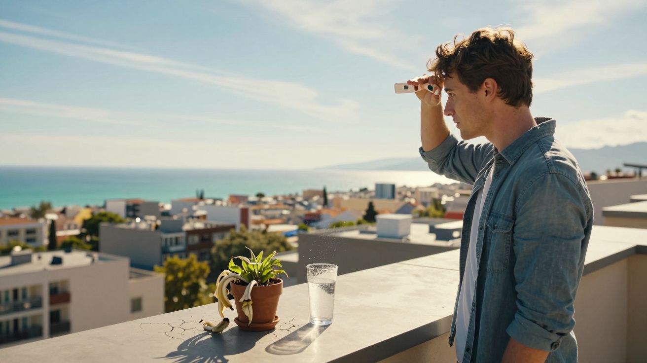 Homem a observar com gazeira numa varanda com vista para a cidade e o mar ao fundo.