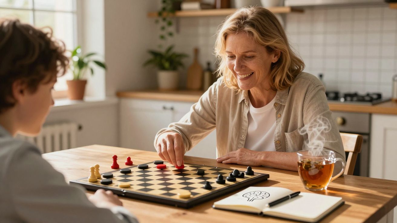 Mulher e criança jogam damas numa mesa de cozinha com chá quente e caderno aberto.