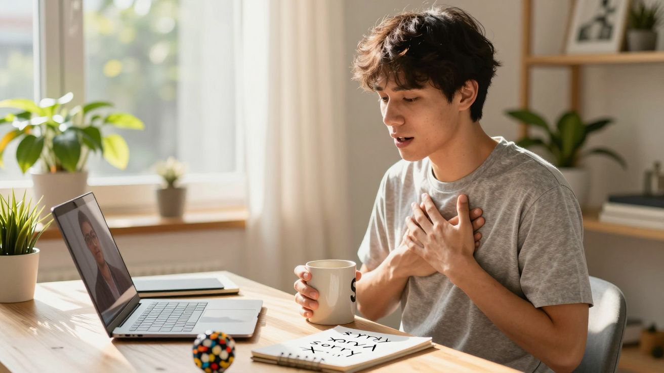 Jovem a conversar por videochamada com expressão de dor no peito, sentado numa mesa com caderno e computador.
