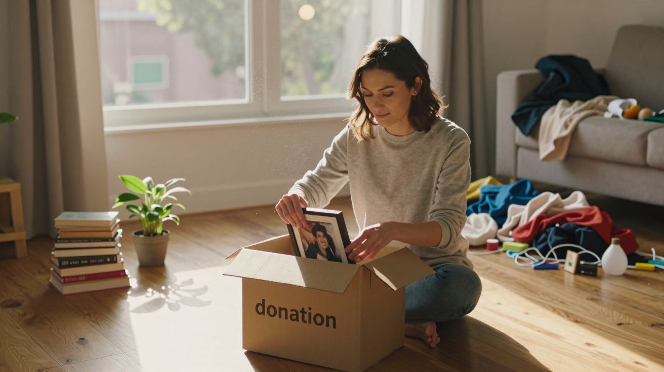 Mulher sentada no chão a colocar objectos numa caixa de doação num quarto desarrumado e iluminado.