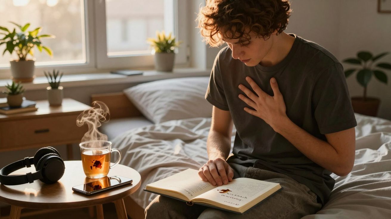 Jovem sentado na cama leitura um livro com xícara de chá quente e auscultadores numa mesa ao lado.