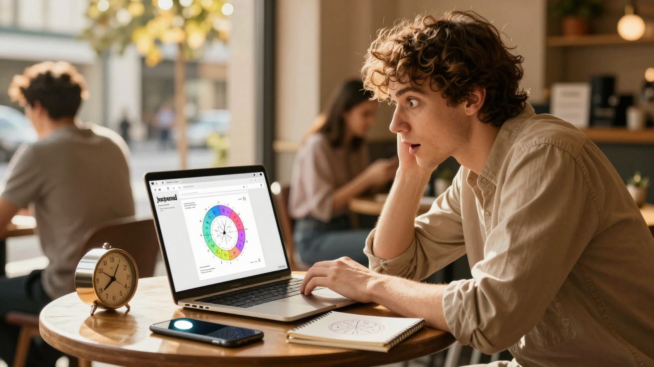 Jovem surpreendido a analisar gráfico colorido no ecrã do computador portátil numa cafetaria.