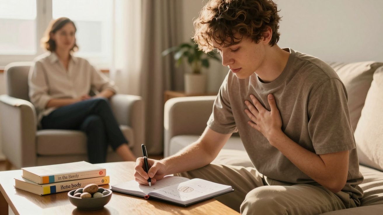 Jovem sentado a escrever num caderno numa sala, mulher sentada ao fundo num sofá a observar.