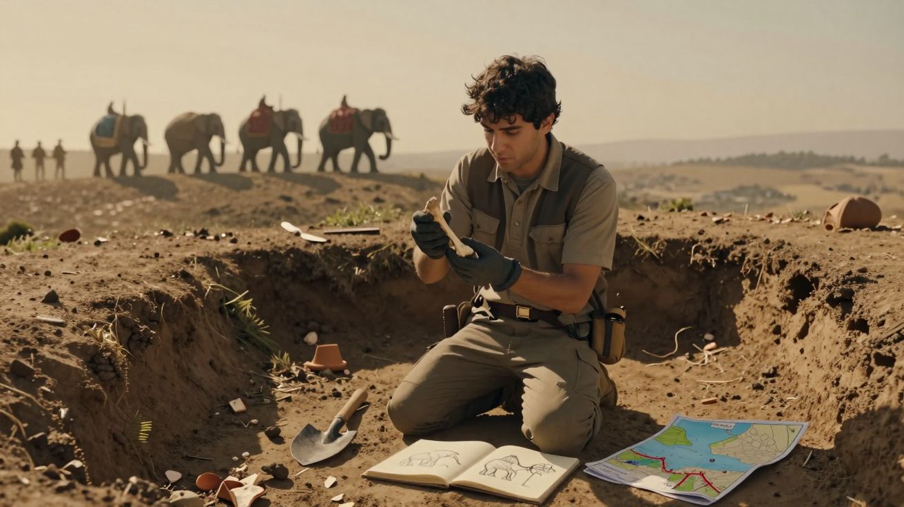 Homem a examinar osso numa escavação arqueológica enquanto três elefantes com guias passam ao fundo.