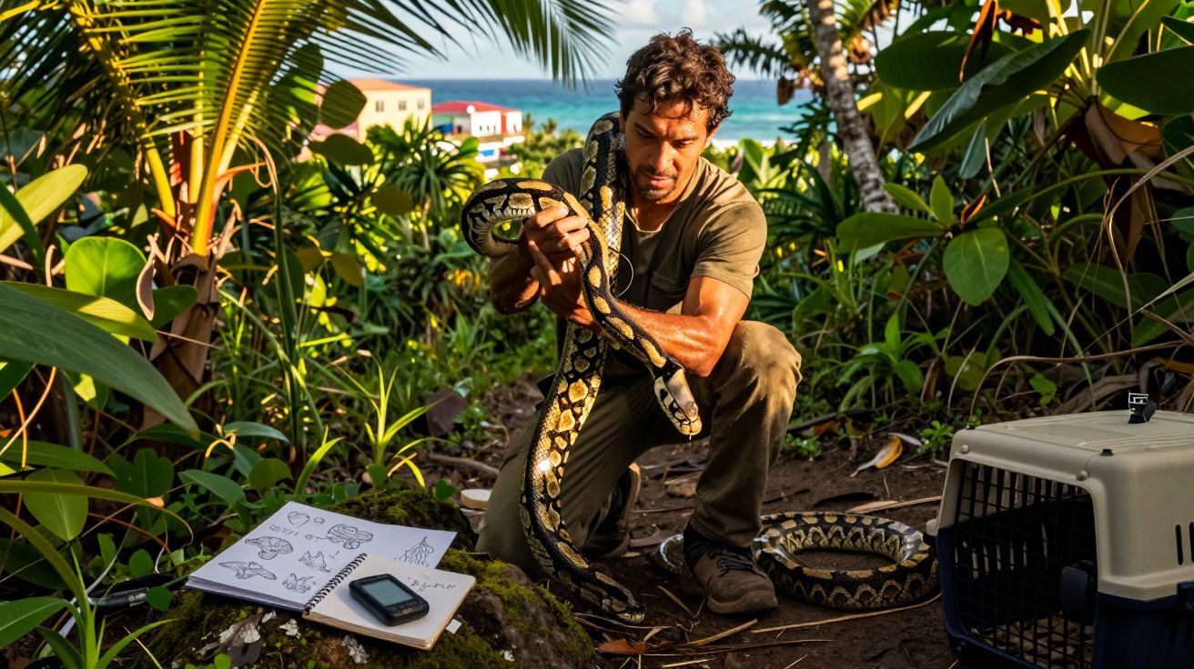 Homem a segurar uma grande cobra numa área verde, com caderno de desenhos e caixa de transporte ao lado.