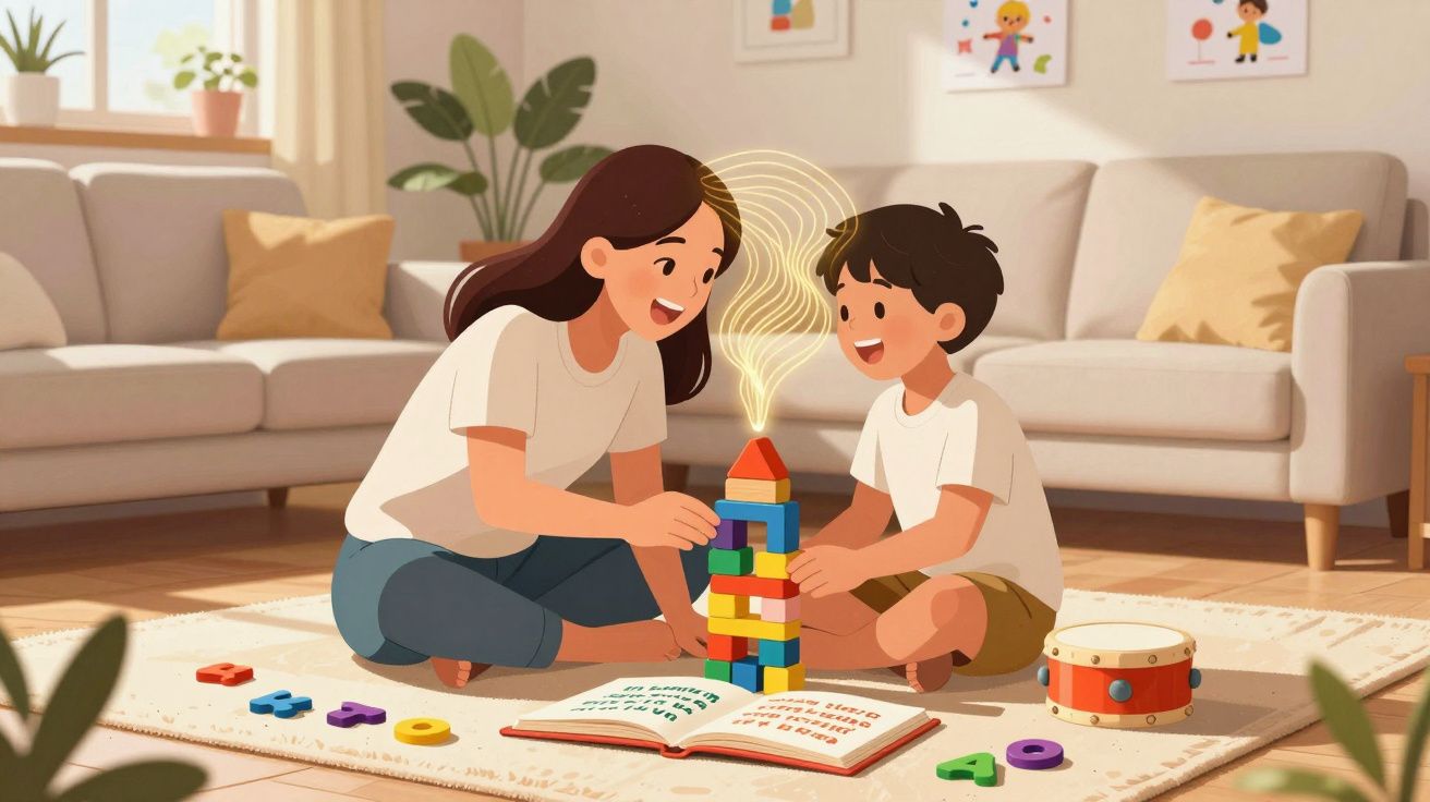 Mulher e rapaz a brincar com blocos coloridos e livro aberto numa sala acolhedora e iluminada.