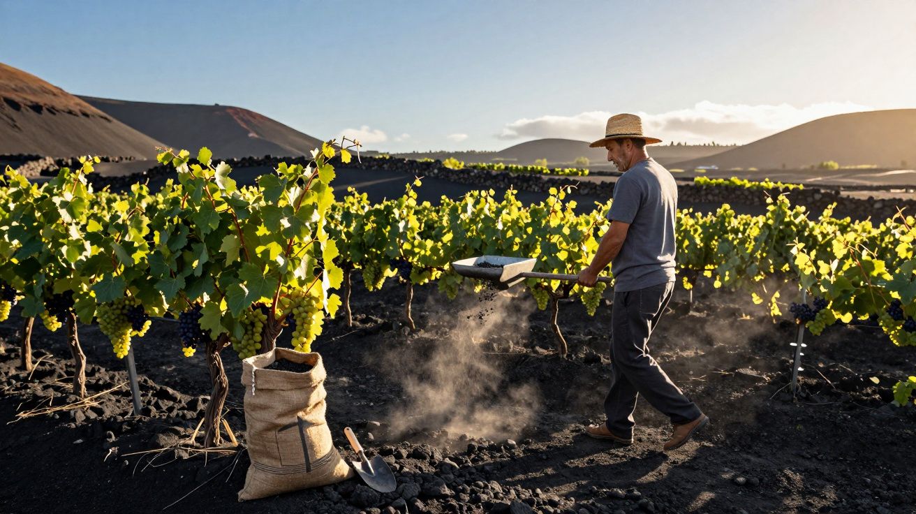 Homem com chapéu a trabalhar numa vinha com solo vulcânico ao pôr do sol.