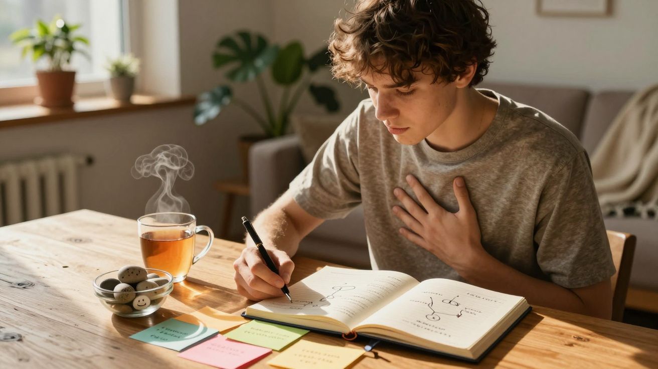 Jovem sentado à mesa a estudar com caderno aberto, a escrever e chá quente ao lado numa sala iluminada.