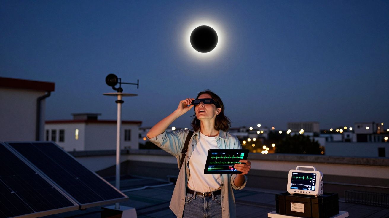 Mulher observa eclipse solar com óculos especiais e tablet, numa cobertura urbana à noite.