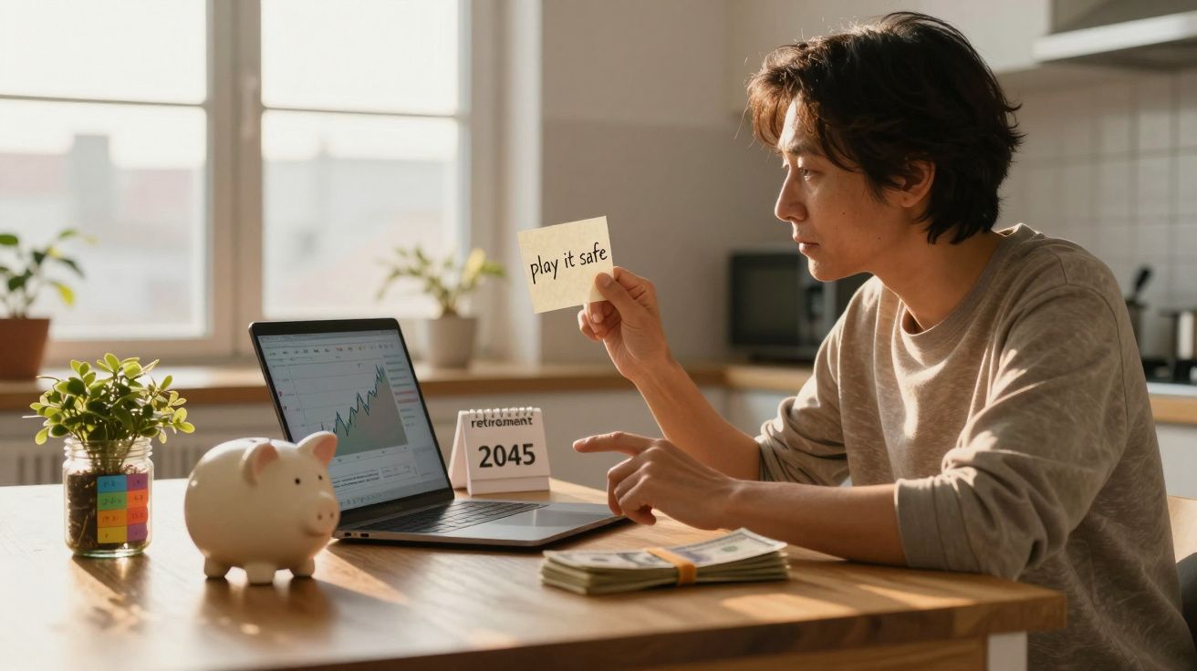 Pessoa a trabalhar em planeamento financeiro com cofrinho, dinheiro e gráfico no computador portátil.