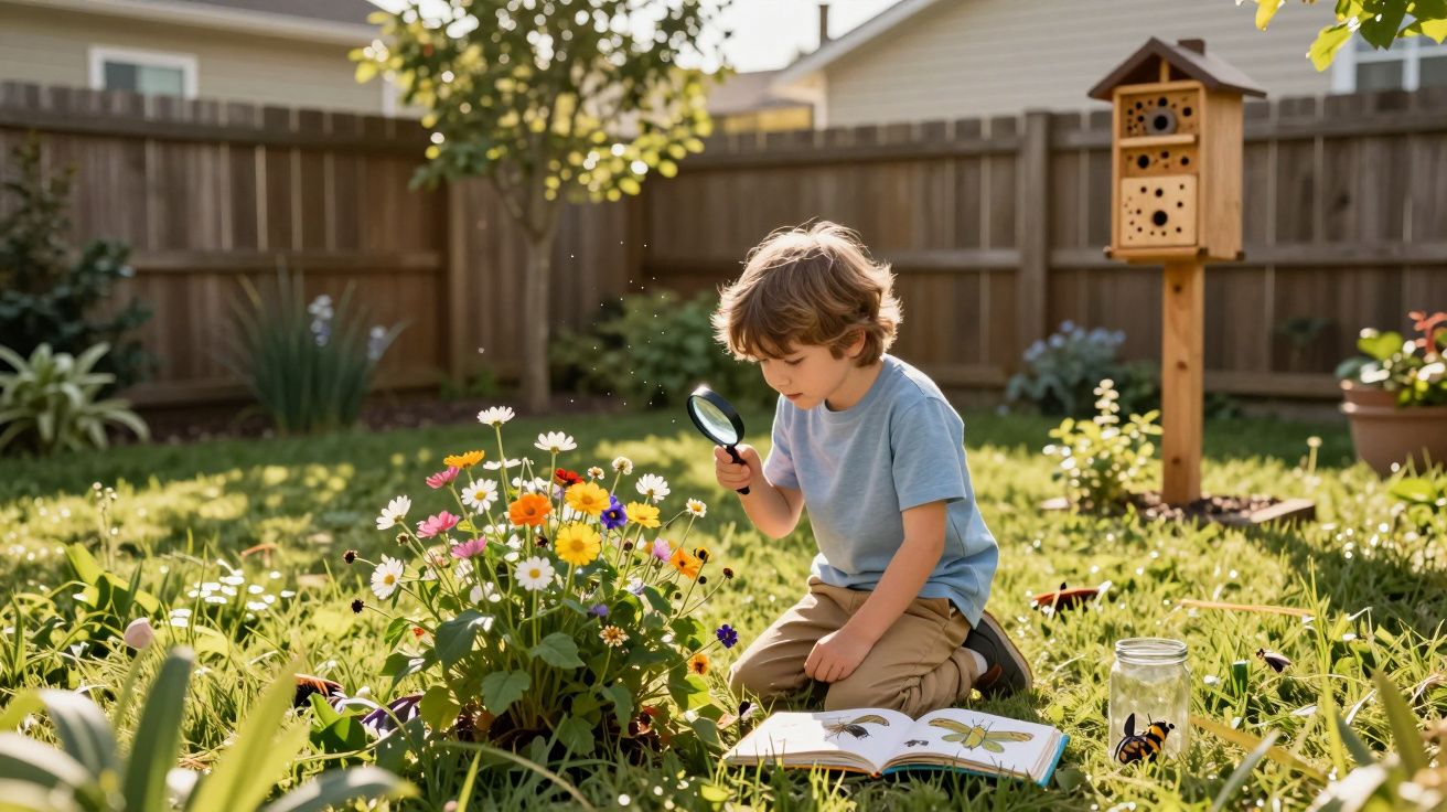 Menino sentado no jardim observa flores com lupa e livro aberto sobre insetos ao seu lado.