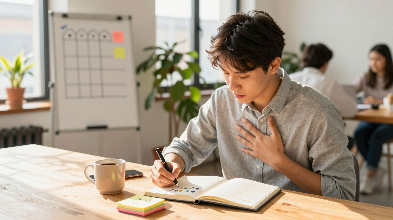 Jovem sentado a escrever num caderno com uma mão no peito numa sala de trabalho iluminada.
