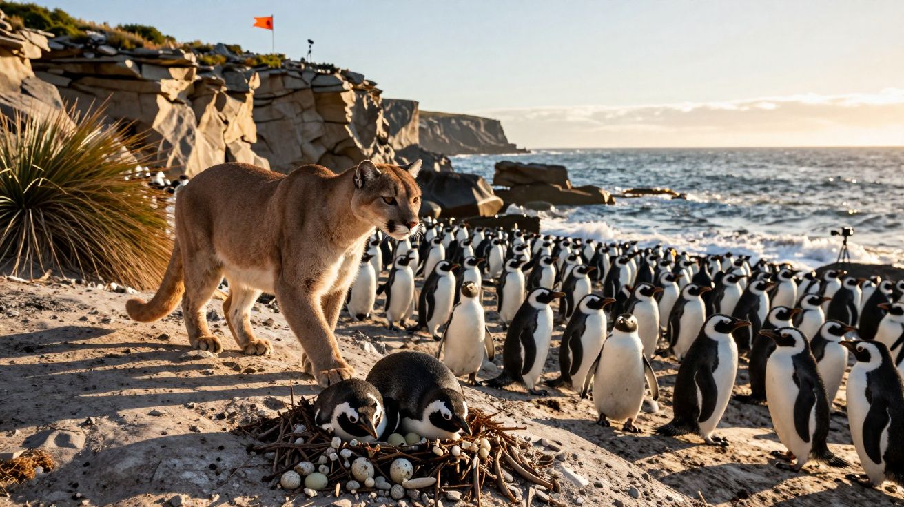 Puma caminha perto de ninhos de pinguins na orla rochosa junto ao mar ao pôr do sol.