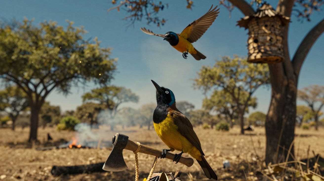 Dois pássaros amarelos e pretos junto a um machado numa paisagem seca com árvores e uma casinha de madeira.