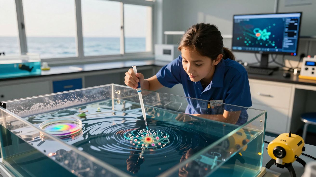 Menina a usar pipeta numa experiência científica com água e dispositivos tecnológicos numa sala de laboratório.