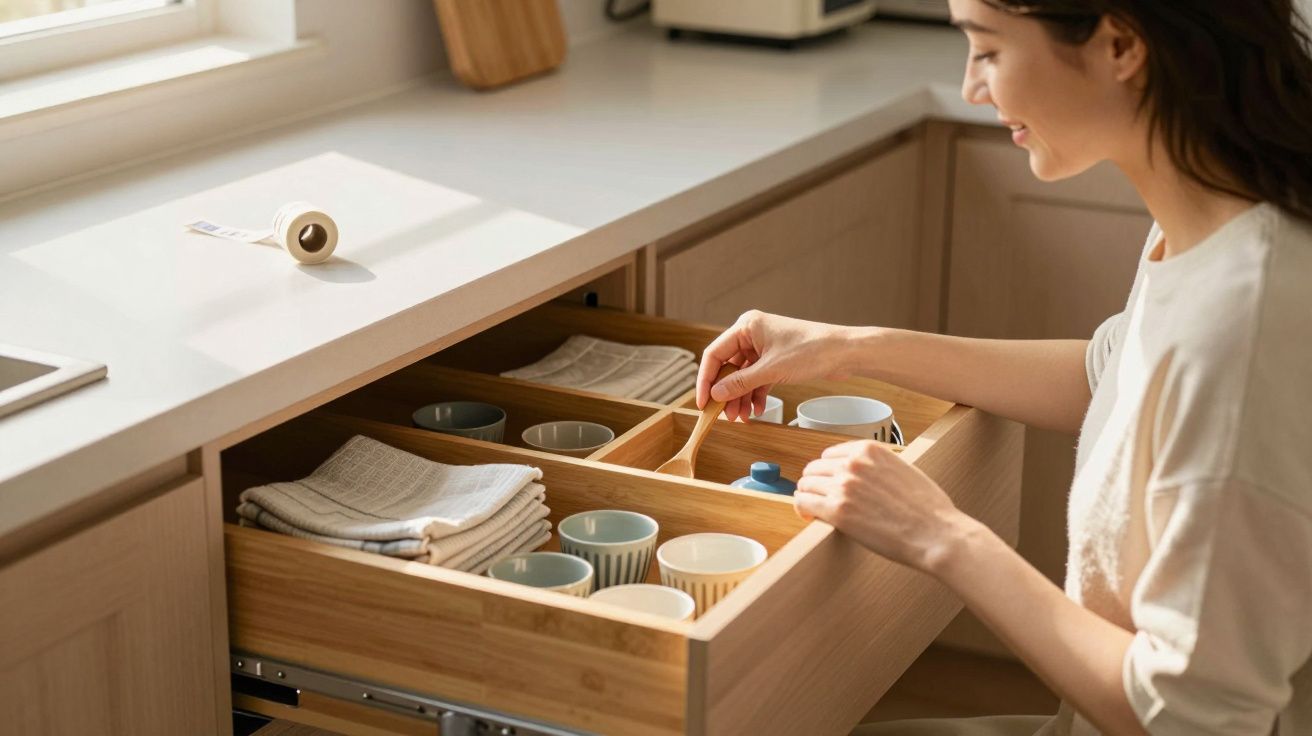 Mulher organiza chávenas e utensílios numa gaveta de madeira numa cozinha com luz natural.