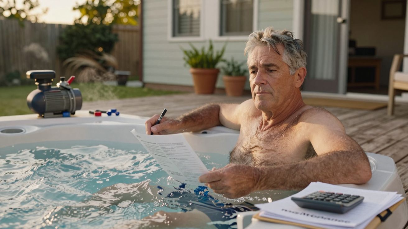 Homem sénior relaxa na banheira de hidromassagem a analisar documentos e a fazer contas ao ar livre.