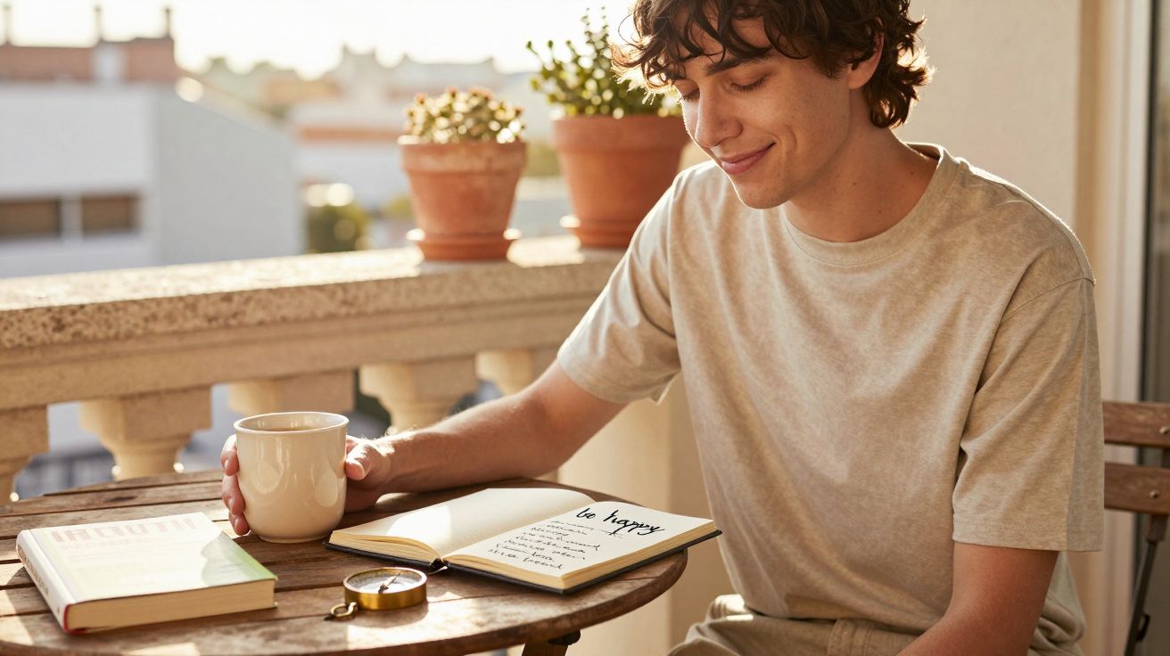 Jovem sentado numa varanda com caneca, diário aberto e livro, rodeado de plantas, num momento calmo e sereno.