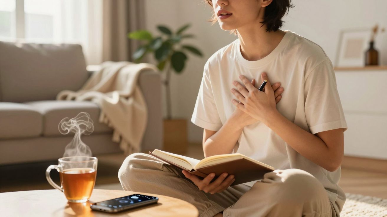 Pessoa sentada no chão com livro na mão, segurando o peito, ao lado de chá quente e smartphone na mesa.
