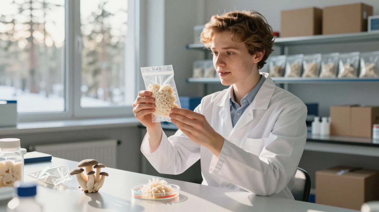 Cientista em laboratório a analisar amostra de cogumelo branco dentro de saco plástico.