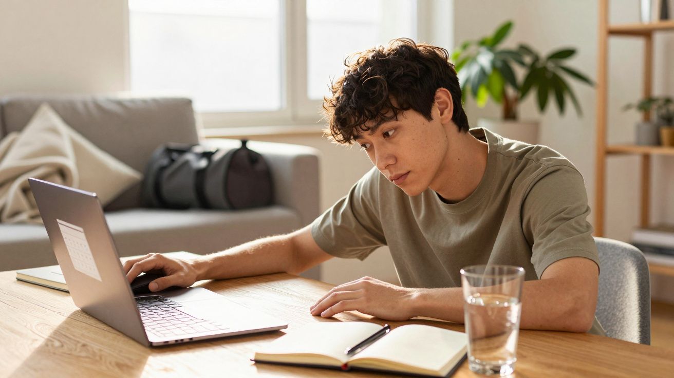 Jovem concentrado a trabalhar num portátil numa mesa de madeira, com bloco de notas e copo de água.