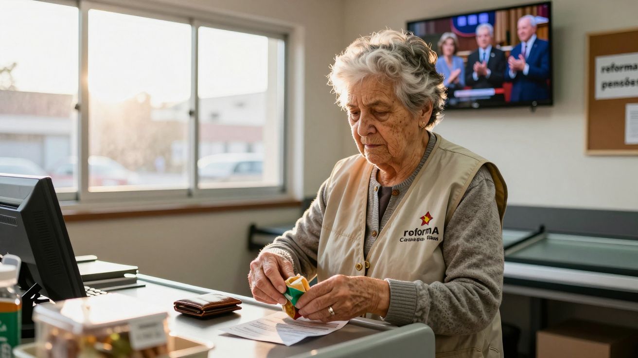 Idosa num balcão com colete da reforma, a abrir um brinde, com televisão ligada ao fundo numa sala iluminada.