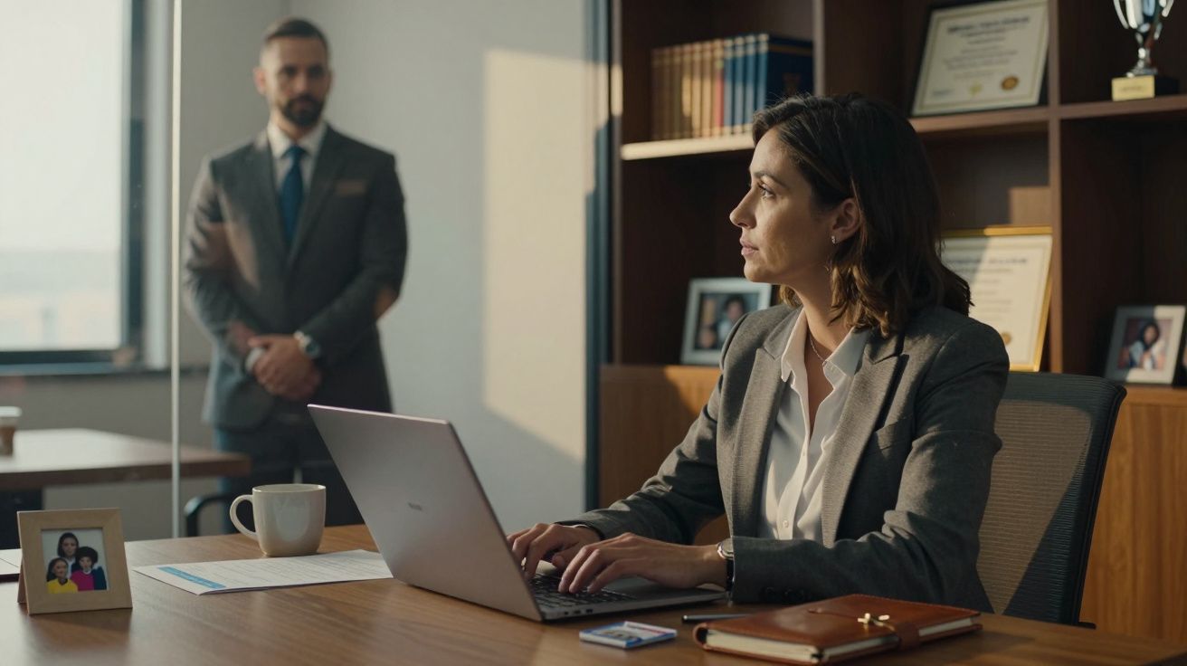 Mulher a trabalhar num portátil numa secretária de escritório, homem em segundo plano junto à janela.