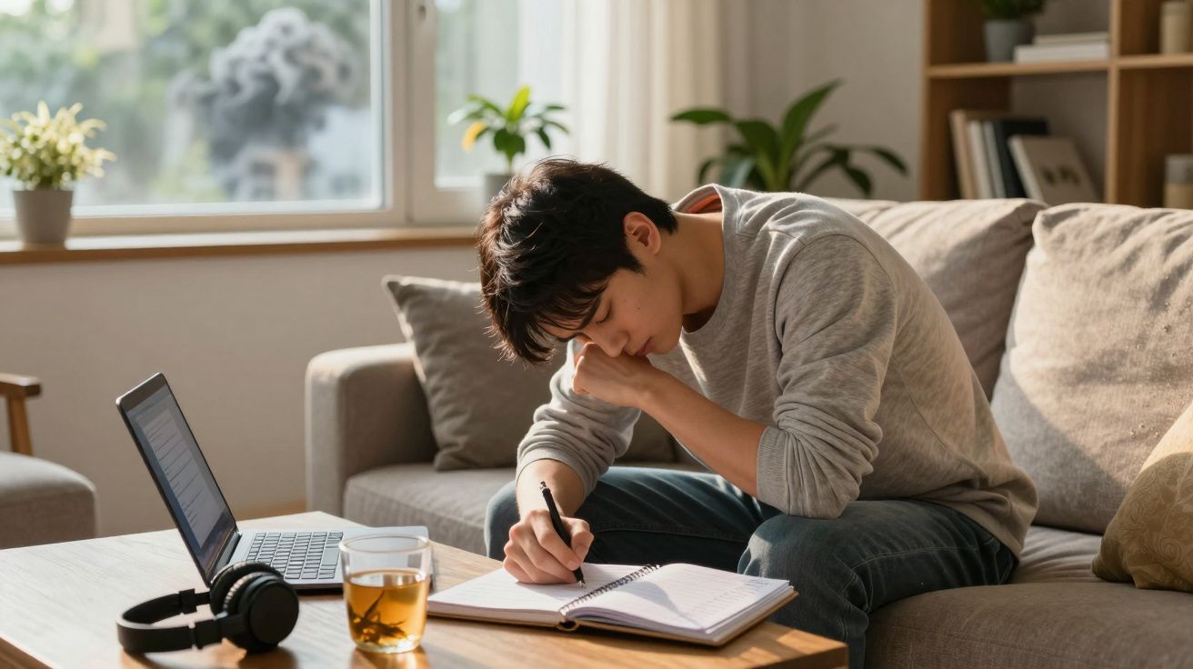 Jovem sentado no sofá a estudar, escrevendo num caderno, com portátil e chá numa mesa de centro.