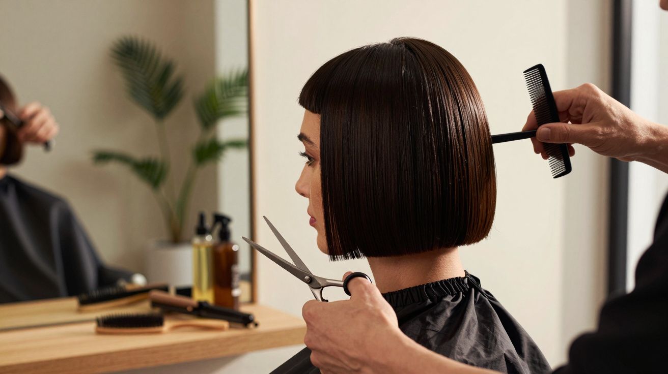 Mulher com cabelo curto a receber corte de cabelo num salão de beleza, vista lateral.