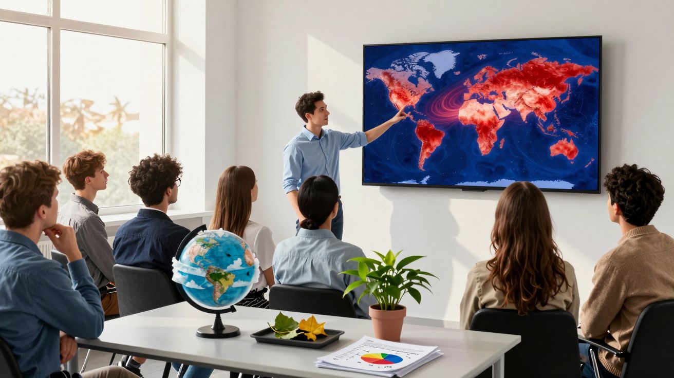 Grupo de jovens numa sala de aula, professor aponta para mapa mundial digital com áreas vermelhas.