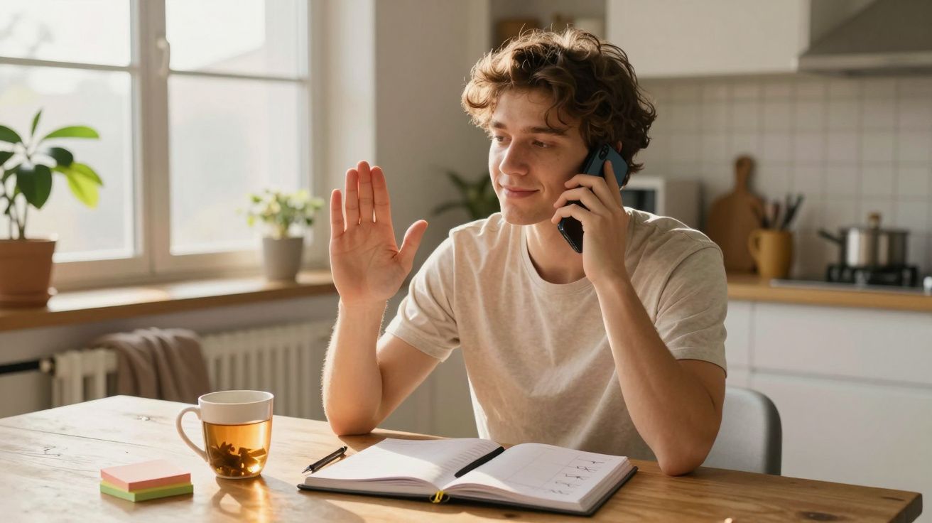 Jovem sentado à mesa, a falar ao telemóvel e a acenar com a mão, com caderno aberto e chá na cozinha.