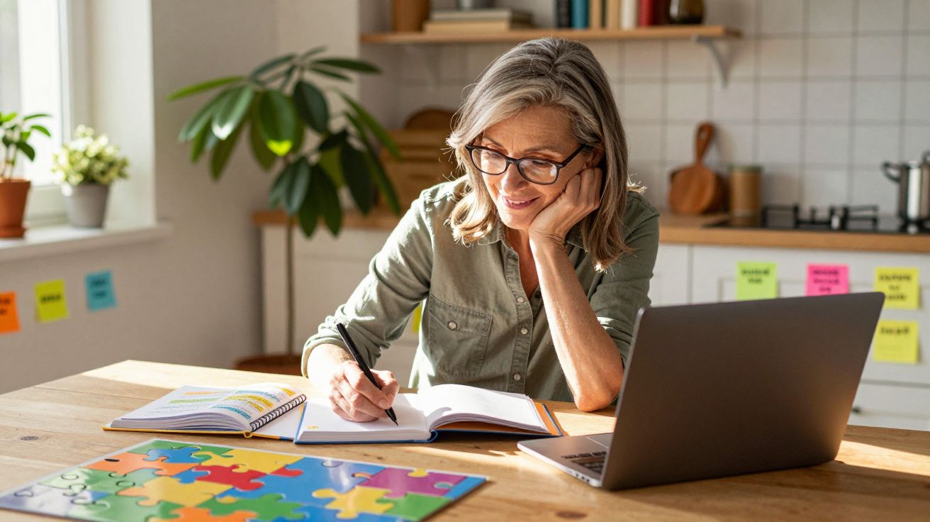 Mulher sorridente a estudar ou trabalhar em casa, escrevendo num caderno com portátil aberto à frente.
