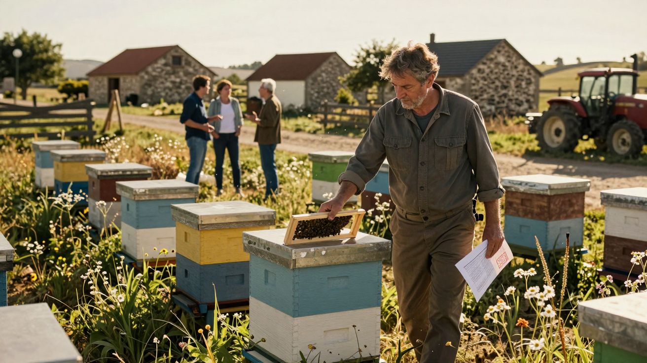 Apicultor a inspecionar uma colmeia num campo com casas de pedra e um trator ao fundo.