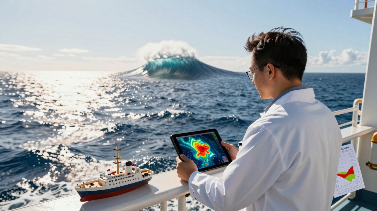 Homem em fato branco analisa dados numa tablet a bordo de navio com onda gigante ao fundo.