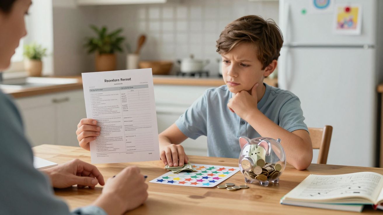 Criança preocupada presta atenção a adulto que segura papel, com mealheiro e moedas numa mesa de cozinha.