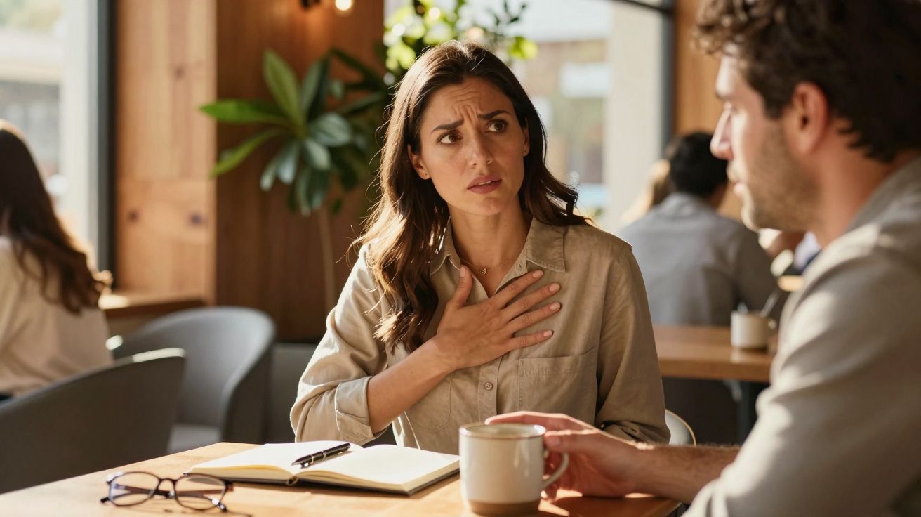 Mulher com expressão preocupada fala com homem numa mesa de café, com bloco de notas e óculos à frente.