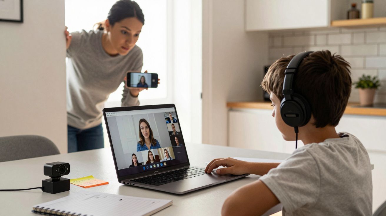 Criança com auscultadores em videochamada num portátil, mulher mostra o ecrã do telemóvel junto à porta.