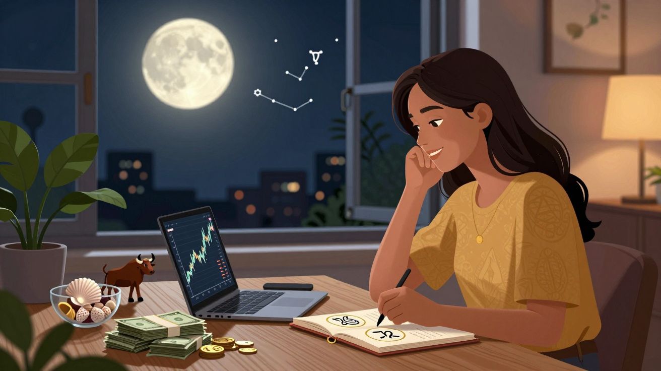 Mulher estudando astrologia e finanças à noite, com a lua cheia e constelações visíveis pela janela.