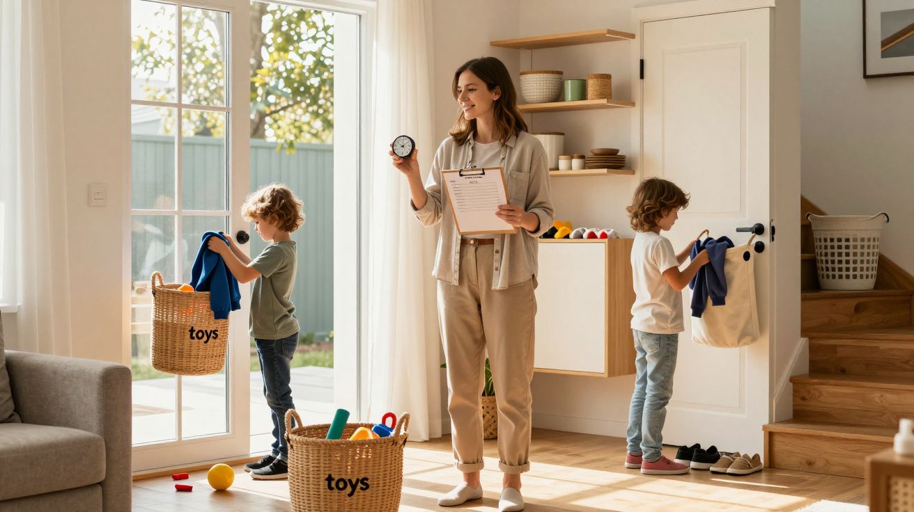 Mulher com relógio e lista de tarefas orienta duas crianças a guardarem roupas em casa iluminada.
